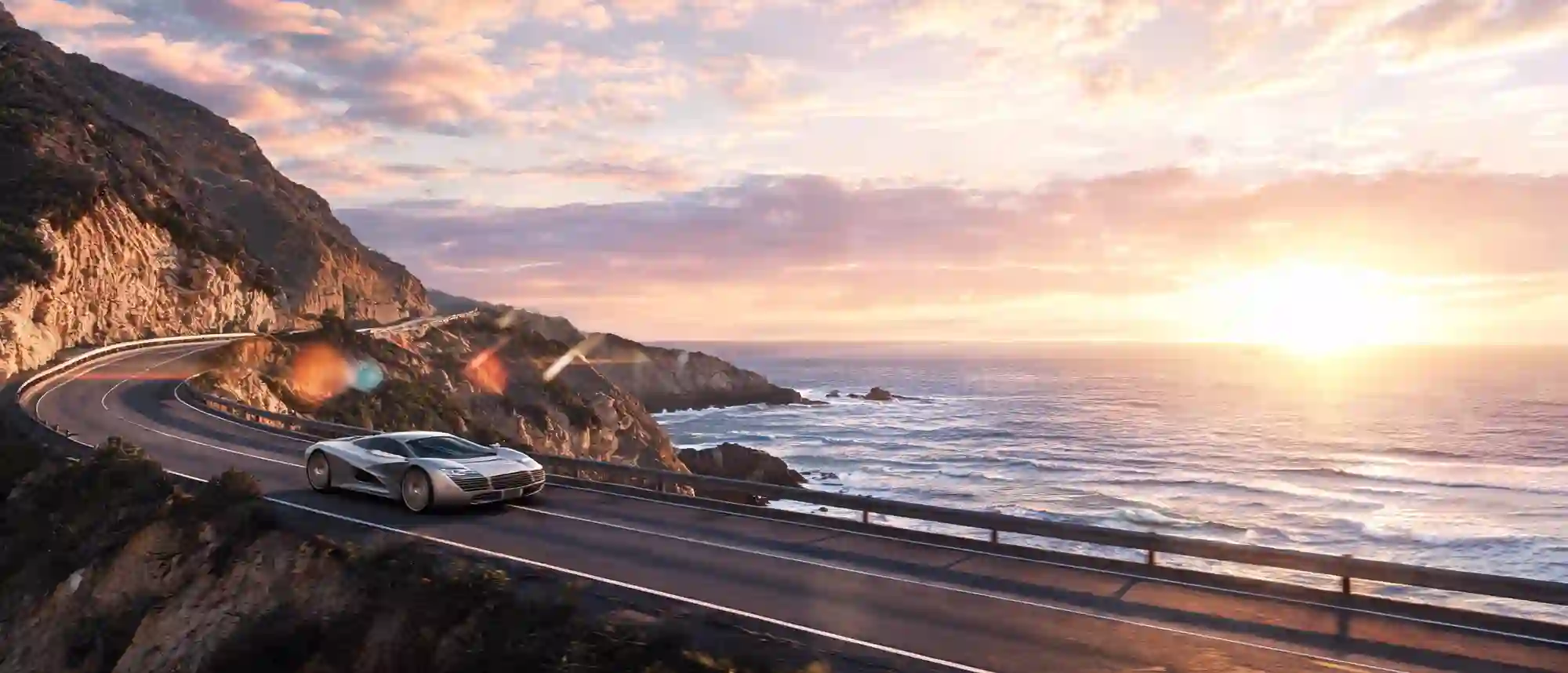An exotic car on the Pacific Coast Highway at golden hour